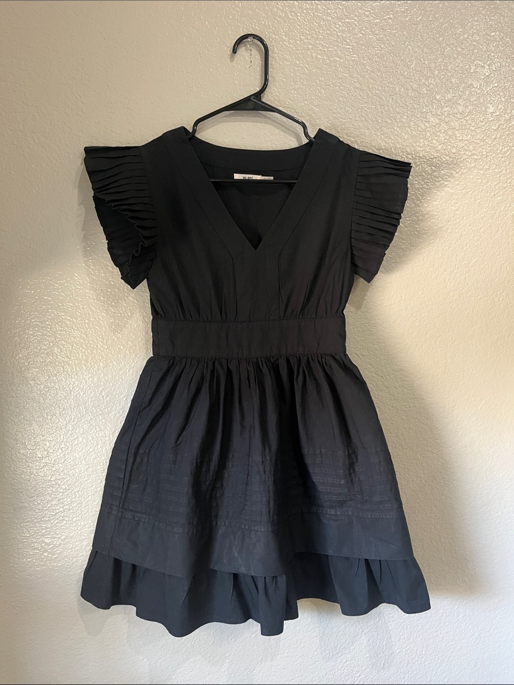 mi ami Black Mini Dress Ruffle Branded Ribbon Detail Sz XS Boho Cottage Core